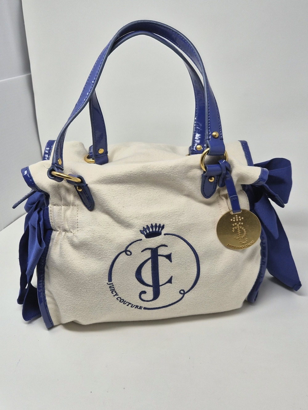 Vintage Juicy Couture Purse White Cotton, Blue Patent Leather, Bows